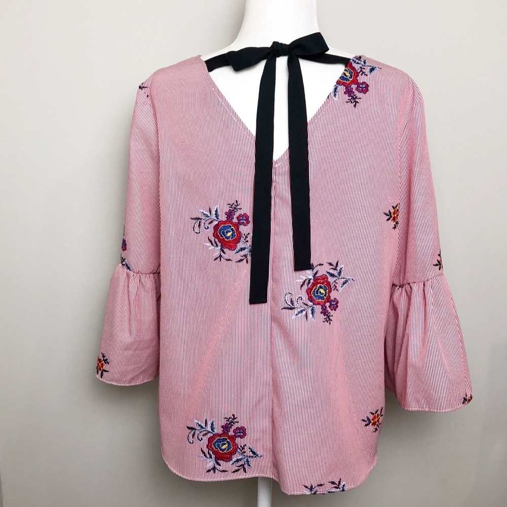 Nine West Red and White PinStripe Bell Sleeve Top | Small - Picture 4 of 14